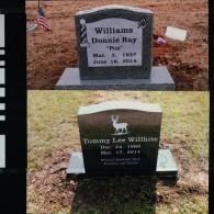 Two granite headstones set in grassy, outdoor cemetery plots, each engraved with names and dates.