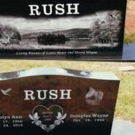 A tiered granite monument with a scenic landscape etching on top and an engraved name and memorial for the Rush family.