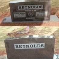 Two views of a polished granite headstone engraved with the surname 