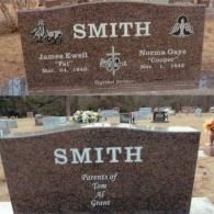 A dual-sided granite headstone in a cemetery. One side lists James Ewell and Norma Gaye Smith; the other reads 