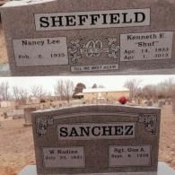 Two gray granite headstones in a cemetery, one labeled Sheffield and the other Sanchez, showing engraved names and dates.