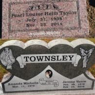 Two gravestones: one rectangular pink stone for Pearl Louise Helm Taylor and a double-heart gray stone for the Townsleys.