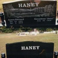 A split image shows two black granite headstones marked 