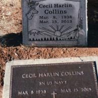 Two grave markers for Cecil Harlin Collins in a cemetery, featuring his name, birth, and death dates, and military service.