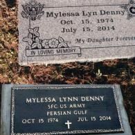 Two grave markers for Mylessa Lynn Denny, showing her dates of birth and death, and her service as an SFC in the US Army.