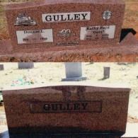 A split view showing two sides of a reddish-brown granite GULLEY family headstone in a cemetery.