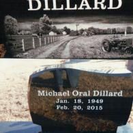 A black granite headstone with an etching of a farm scene, engraved with 