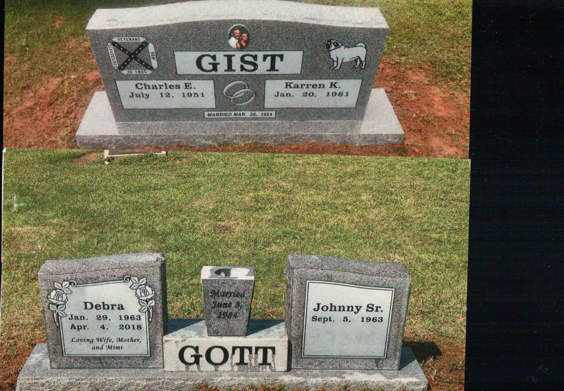 Two granite grave markers on a lawn: a large 