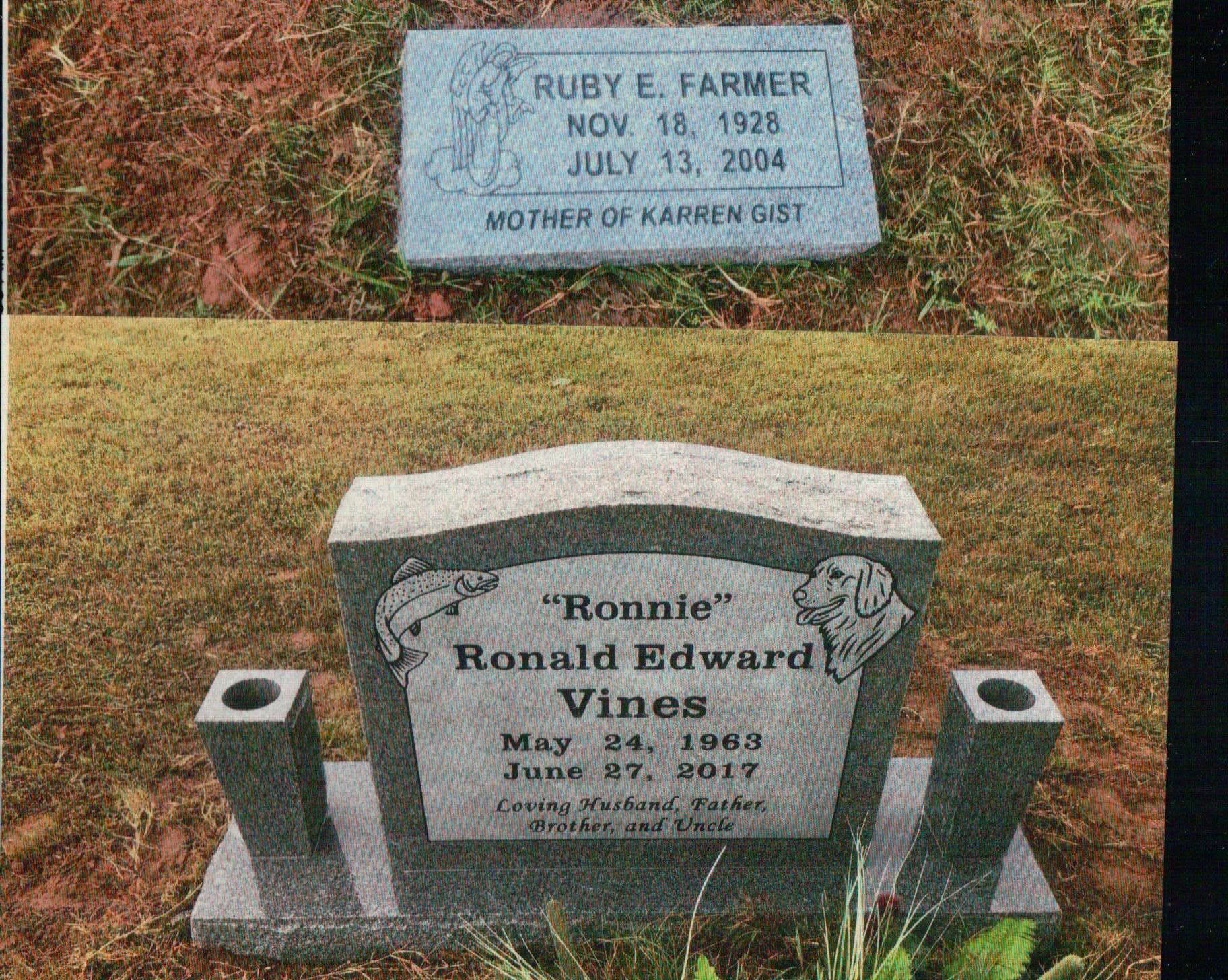 Two gray stone grave markers set in grass. One rectangular plaque for Ruby E. Farmer and one headstone for Ronald E. Vines.