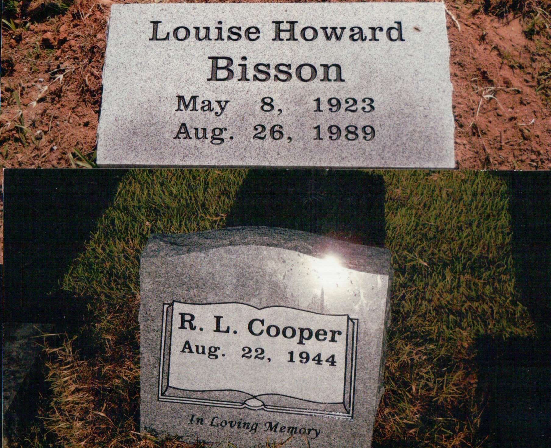 Two gravestones: one for Louise Howard Bisson (1923–1989) and one for R. L. Cooper (died Aug. 22, 1944).