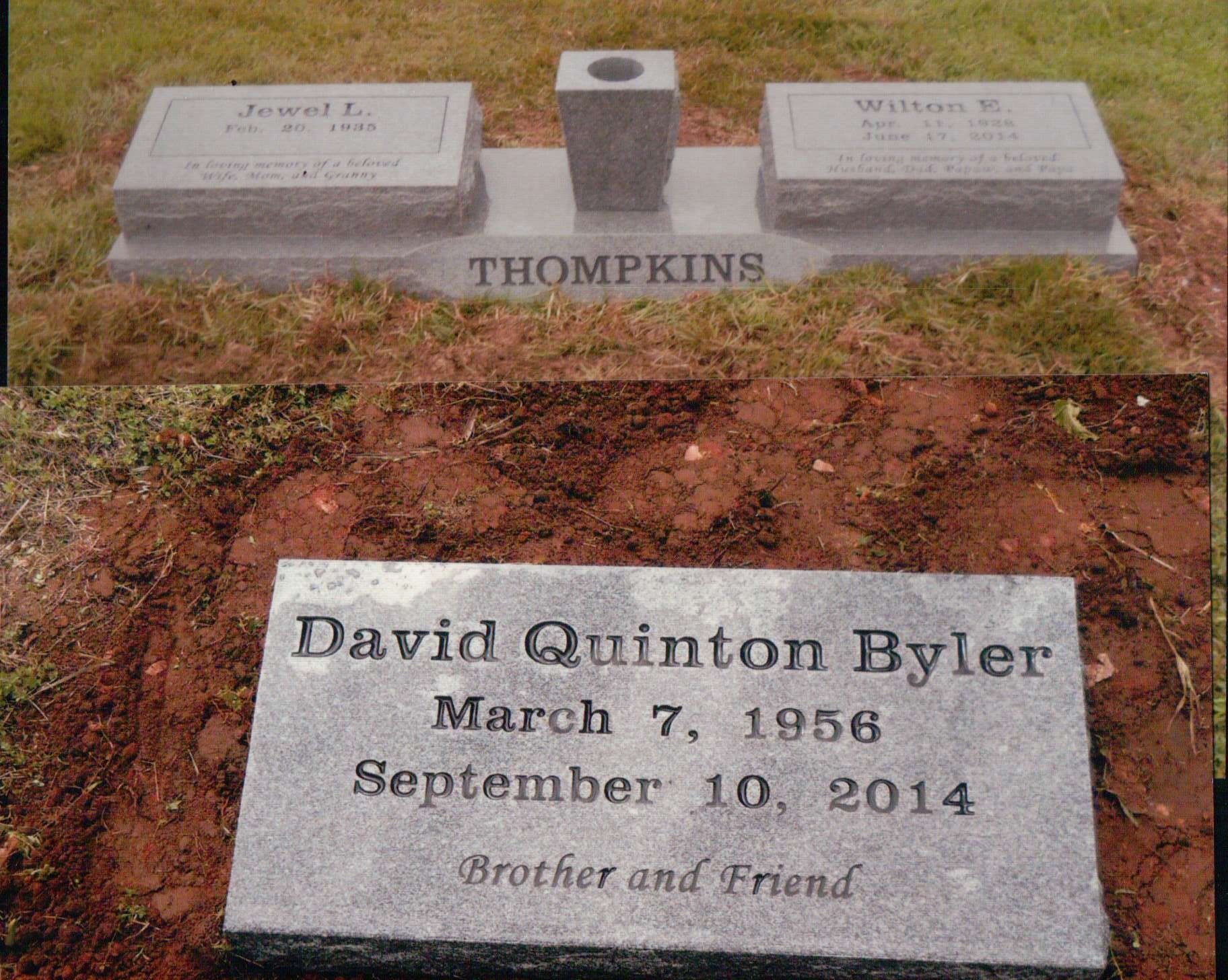 Two grey granite grave markers; one is a double headstone for the Thompkins family, the other is for David Quinton Byler.