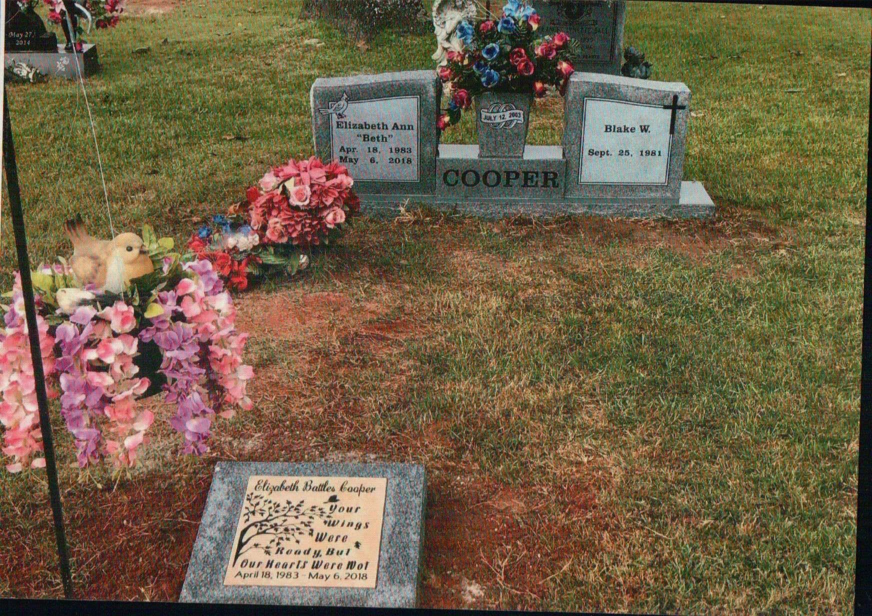 A grave site with a gray double headstone marked 