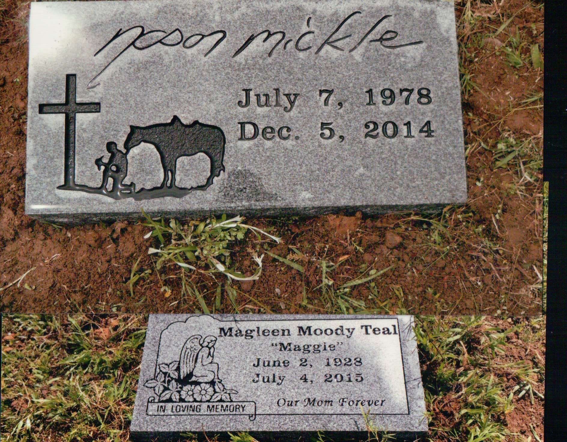 Two granite grave markers on grass. Top: Jason Mickle, 1978–2014, with cross and horse. Bottom: Magleen Moody Teal, 1938–2015.