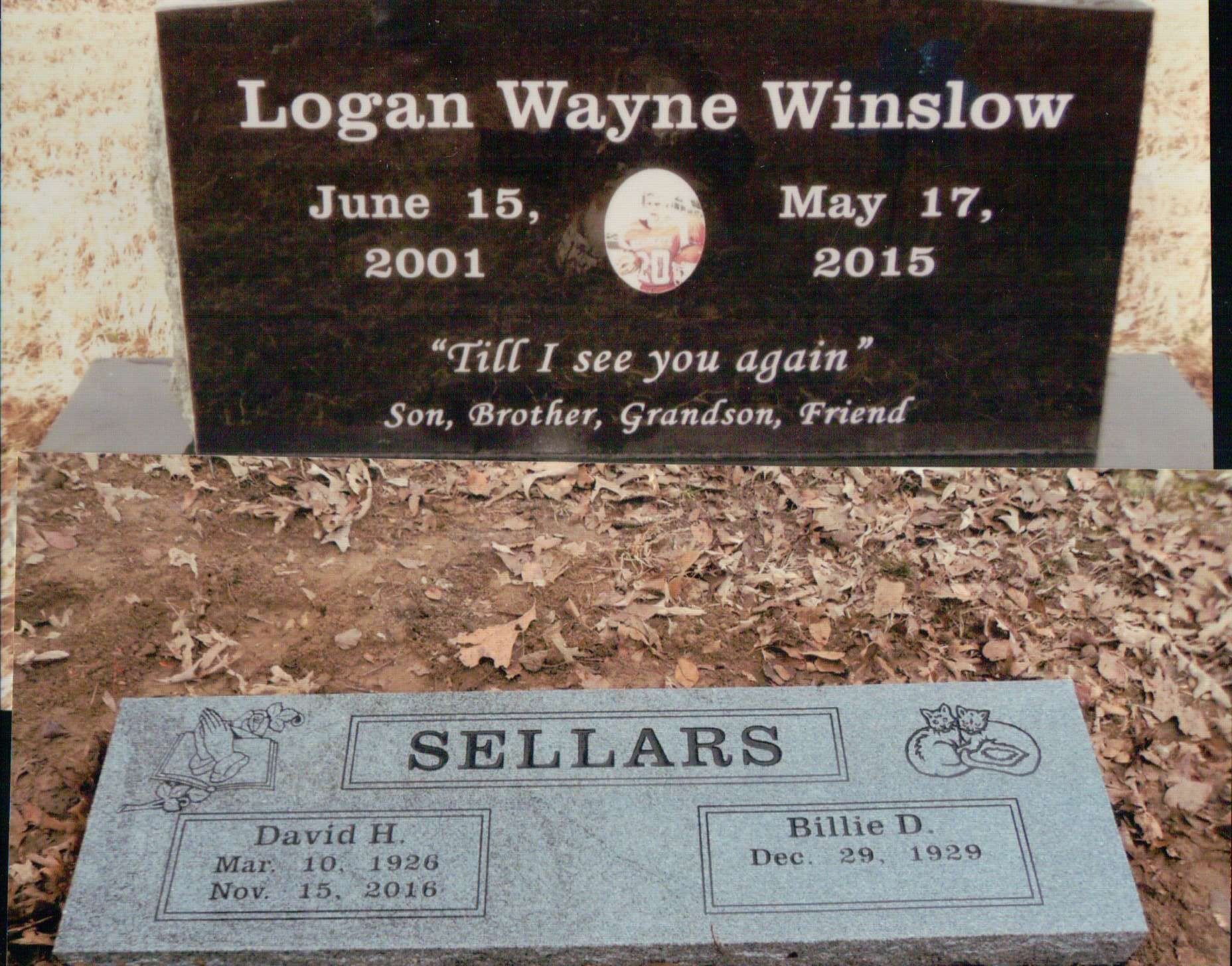 Two headstones in a graveyard: one black marker for Logan Wayne Winslow and one grey marker for David H. and Billie D. Sellars.
