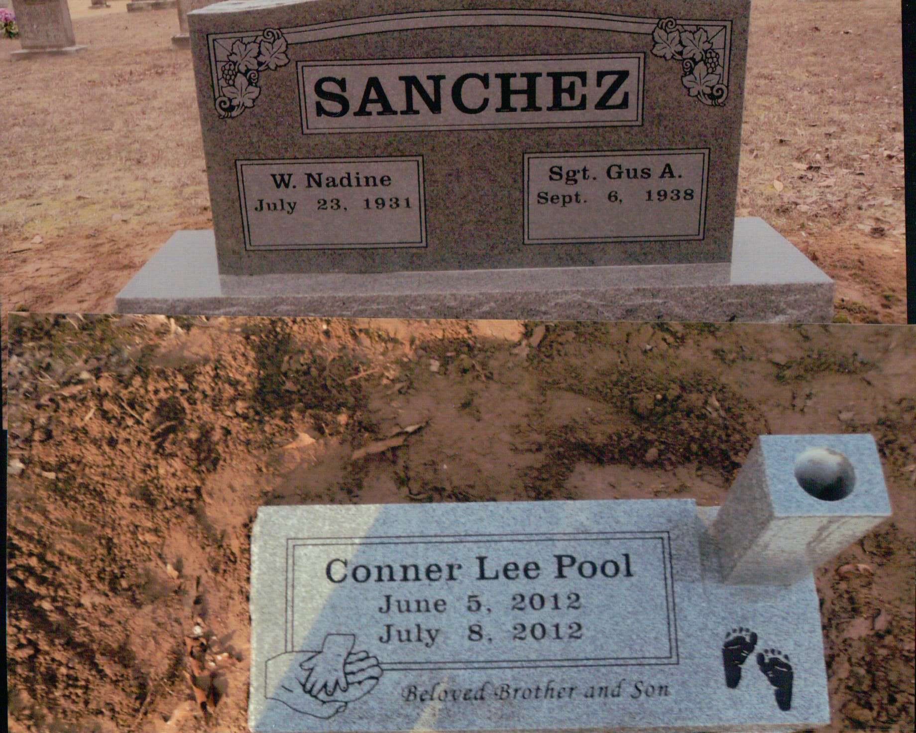 Two granite cemetery markers: one for the Sanchez family, and one for Conner Lee Pool with baby hand and foot prints.