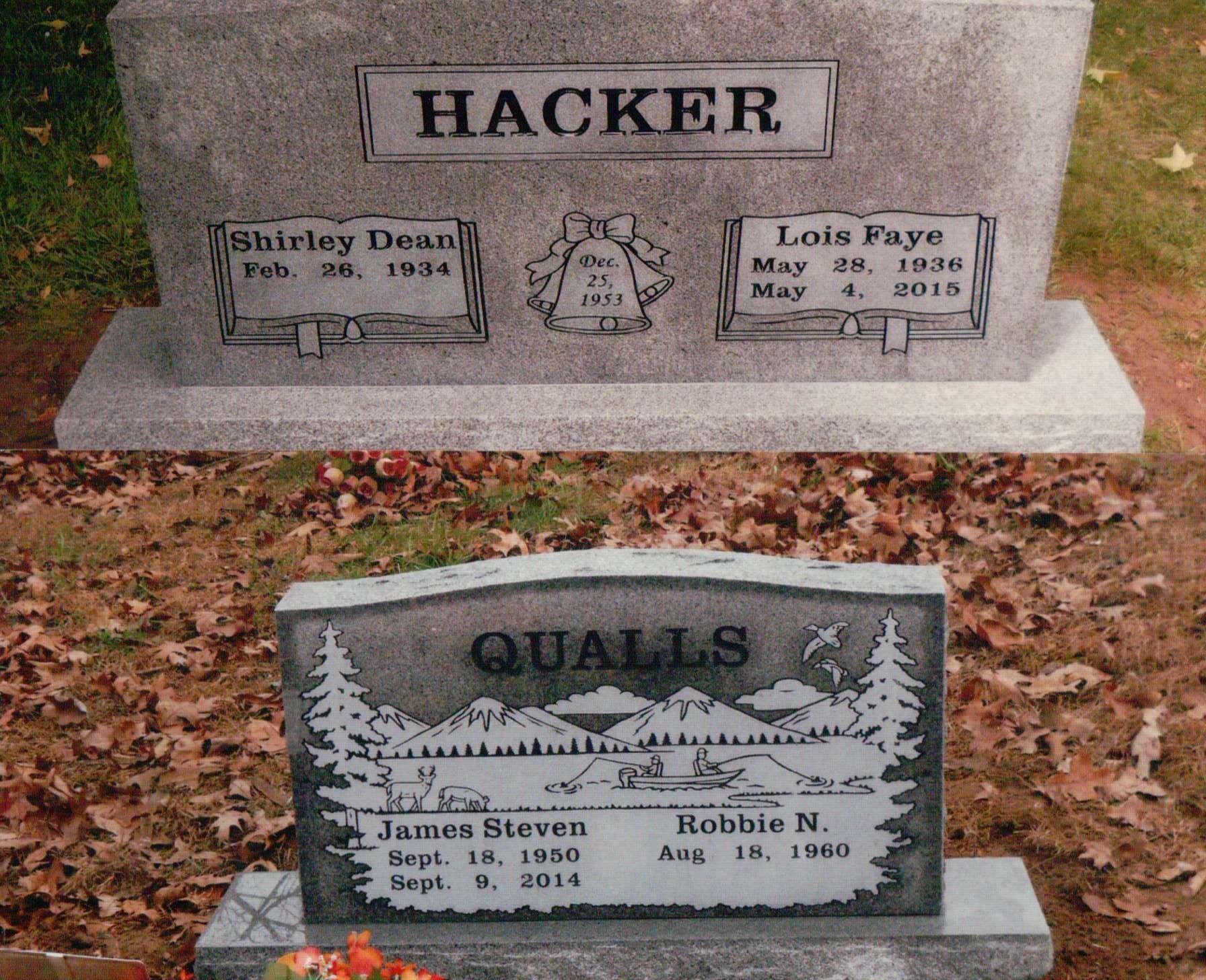 Two granite headstones: one for Hacker with wedding date, the other for Qualls featuring an engraved outdoor scene.