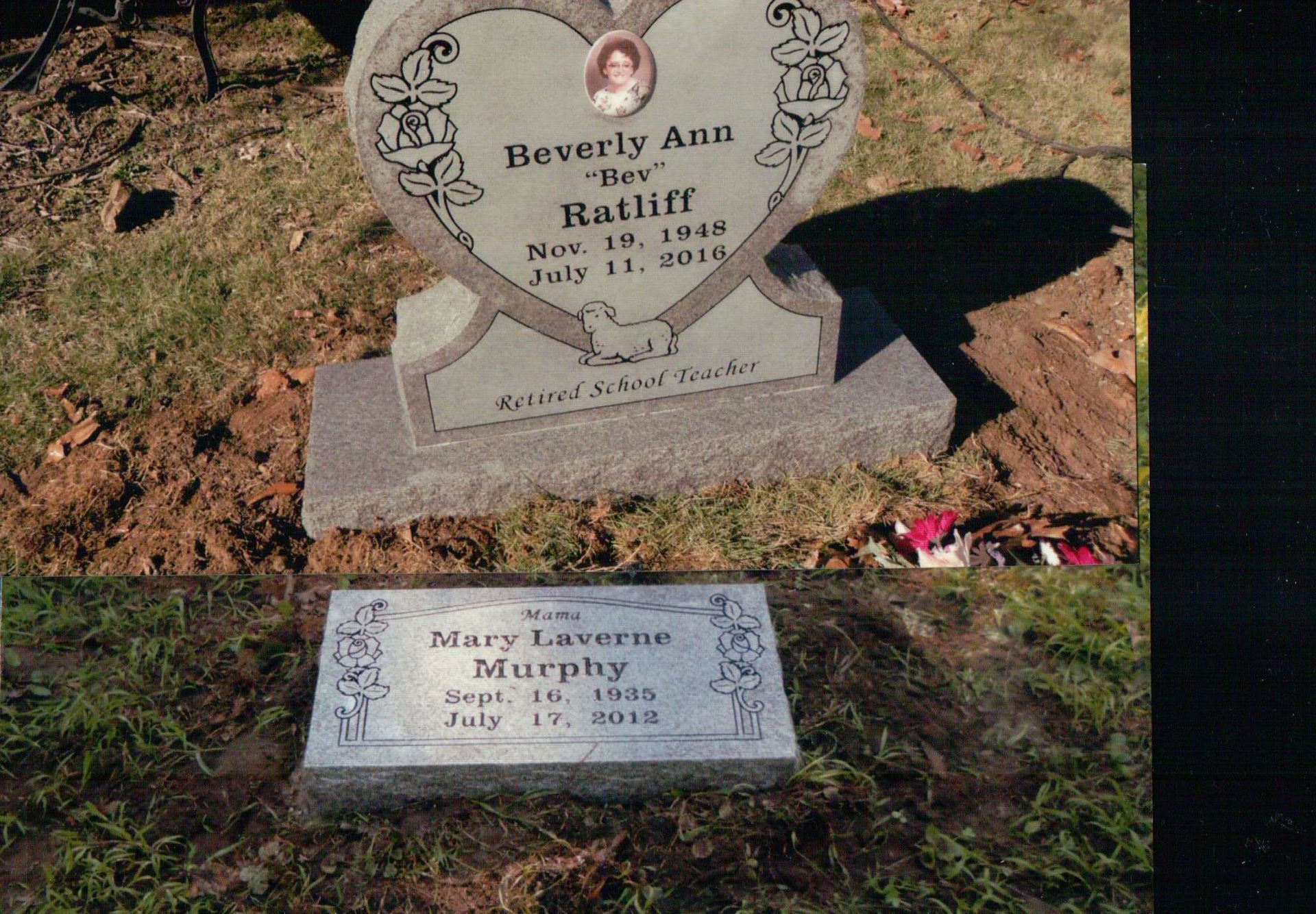 Two gravestones: an upright heart-shaped headstone for Beverly Ann Ratliff and a flat marker for Mary Laverne Murphy.