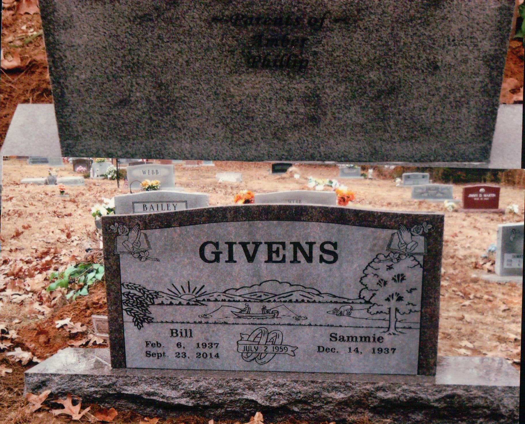 A gray granite headstone for the Givens family, featuring a landscape engraving and dates for Bill and Sammie.