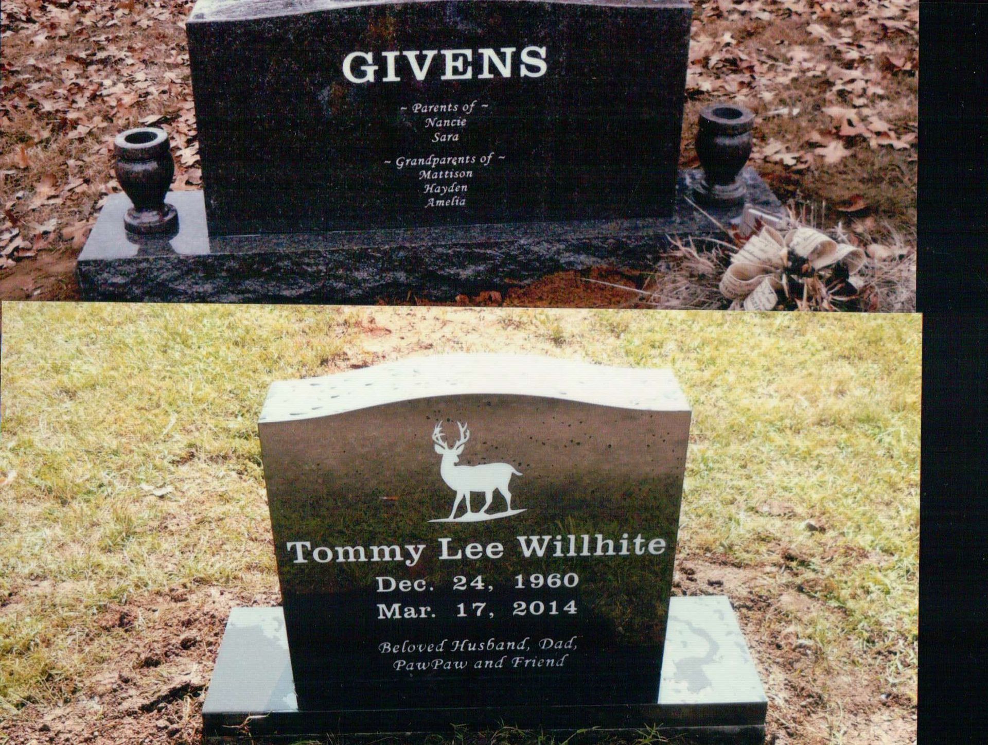 A split image showing two black granite gravestones, one inscribed with 