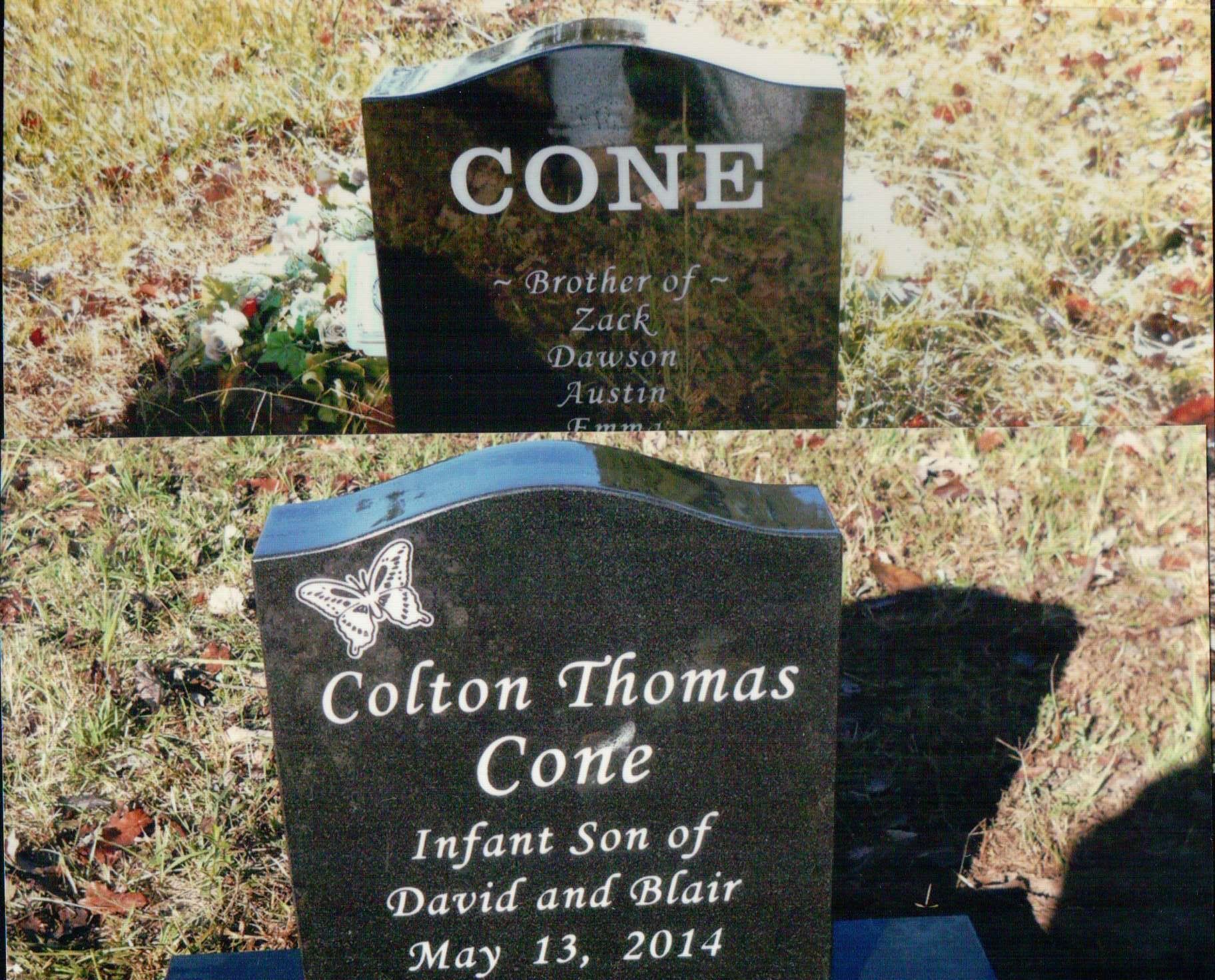 Two black granite grave markers for Colton Thomas Cone, engraved with his name, parents' names, date, and butterfly.