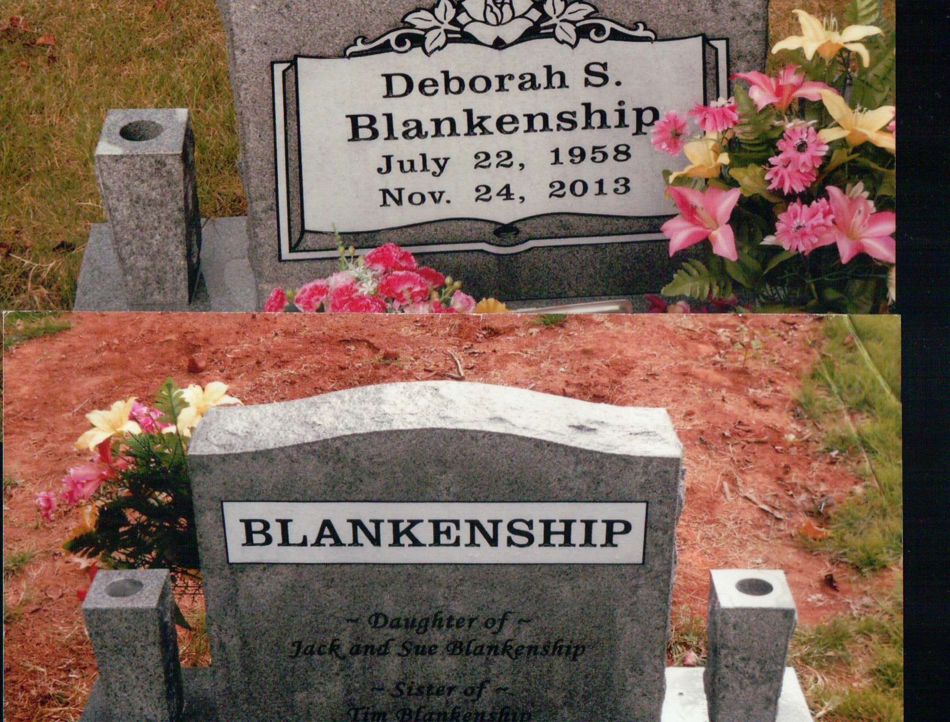 Two stone headstones for Deborah S. Blankenship, featuring flowers and inscriptions in a grassy cemetery setting.