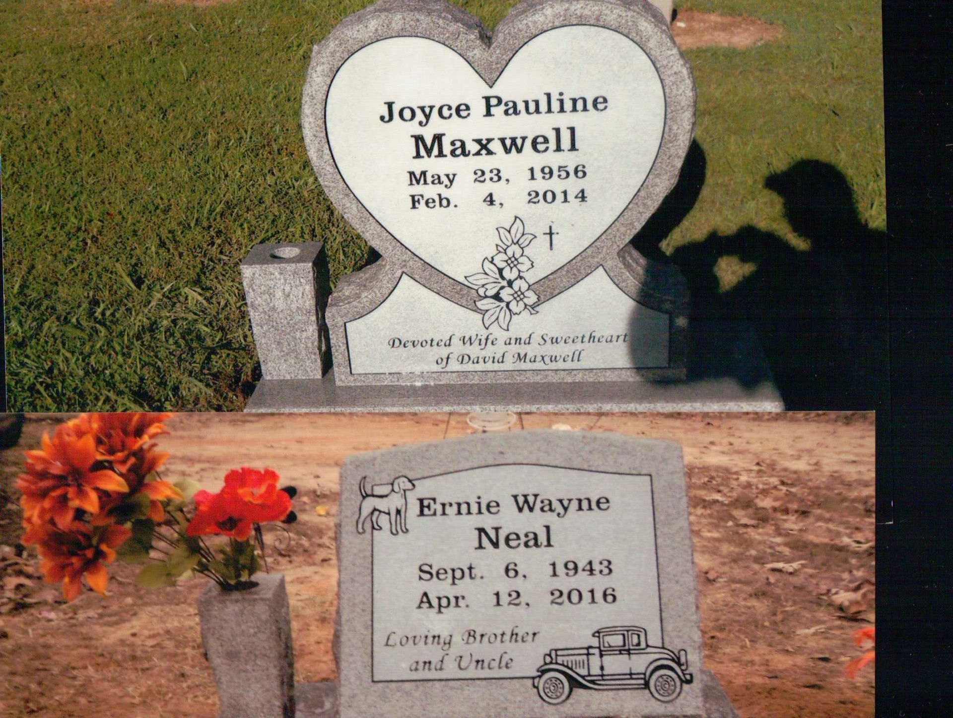 Two grave markers, one heart-shaped for Joyce Pauline Maxwell and one rectangular for Ernie Wayne Neal, in a cemetery.