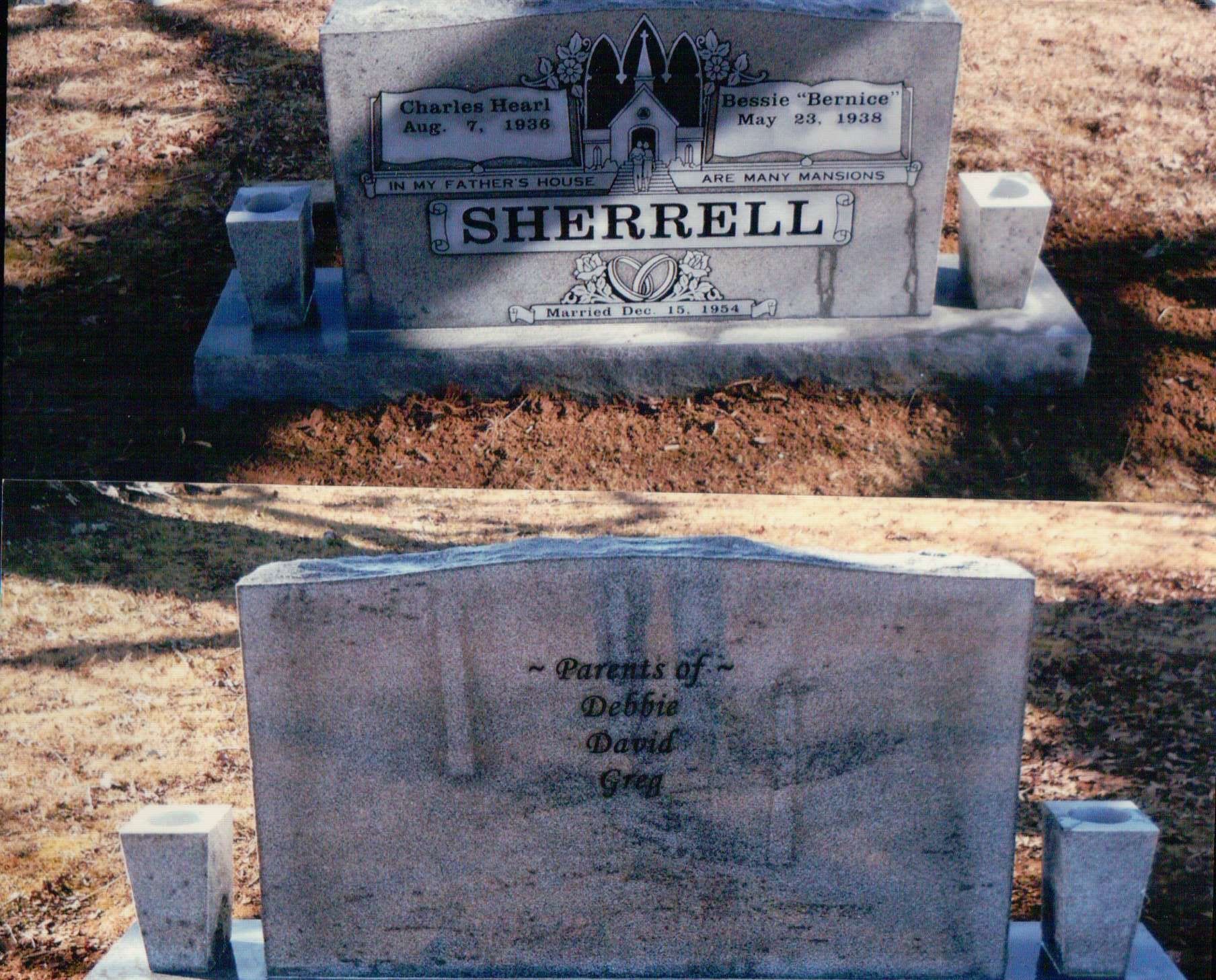 Front and back views of a grey granite grave marker inscribed with the name SHERRELL and the names of their children.