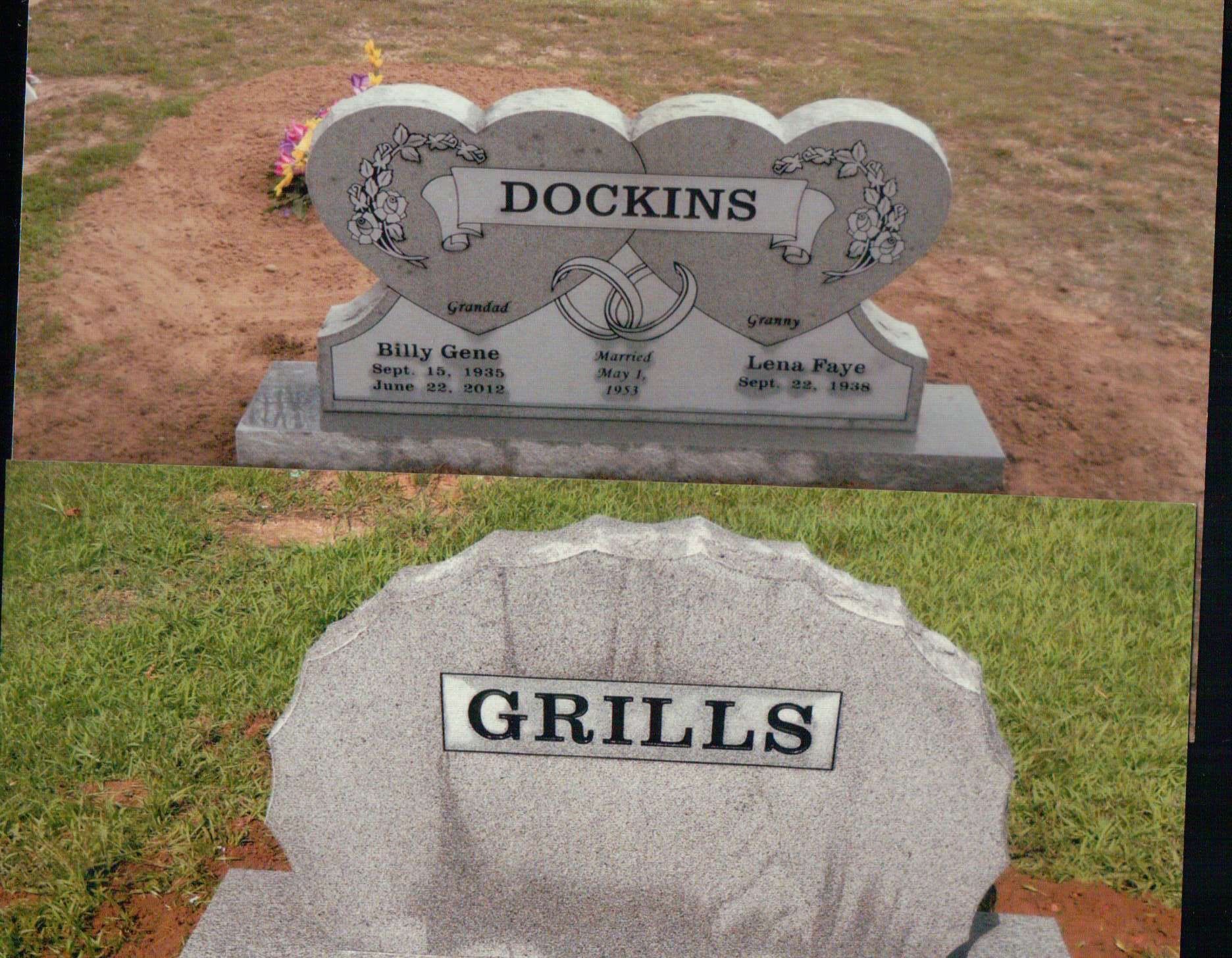 A split-view image showing two cemetery headstones, one inscribed with 