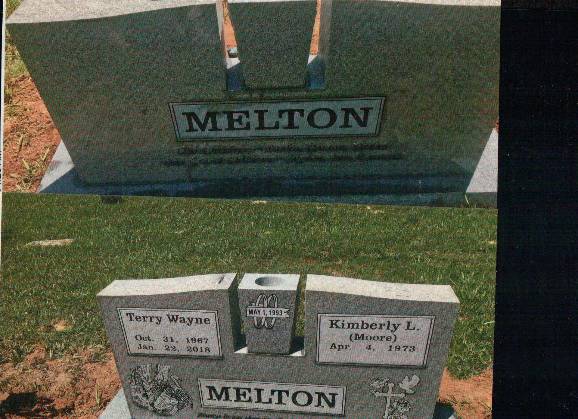 Two-part view of a gray granite Melton family headstone in a grassy cemetery, featuring names and dates for two people.