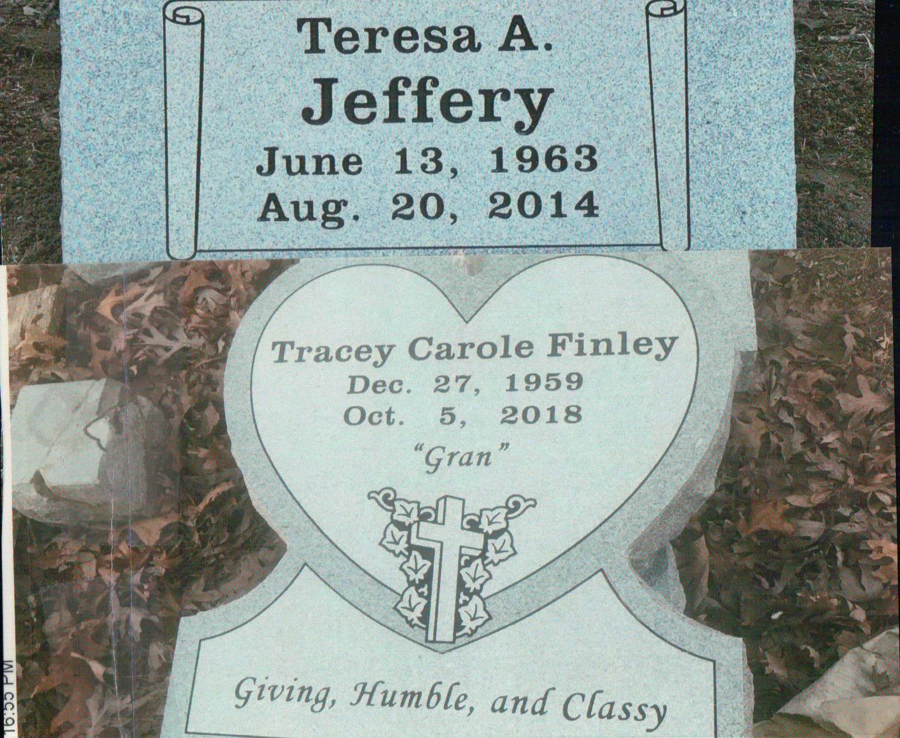 A composite image showing the gravestones of Teresa A. Jeffery (1963–2014) and heart-shaped marker for Tracey Carole Finley.