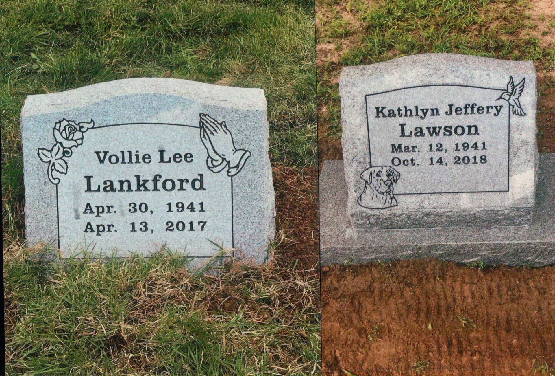 Two granite gravestones side by side, inscribed with the names Vollie Lee Lankford and Kathlyn Jeffery Lawson and dates.