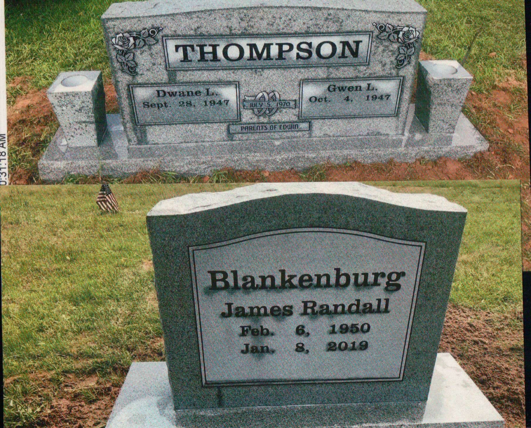 Two grave markers in a grassy cemetery: a double Thompson monument above a single Blankenburg monument for James Randall.