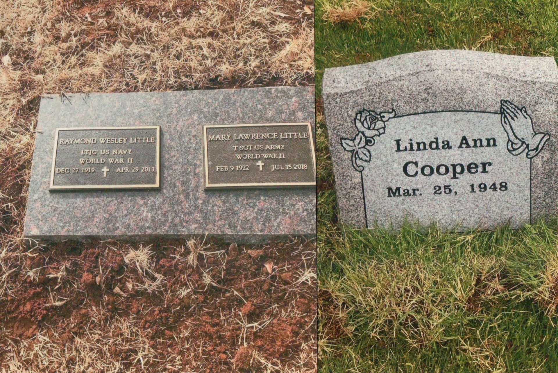 A split image showing a flat grave marker with two bronze plaques on the left and an upright gray headstone on the right.
