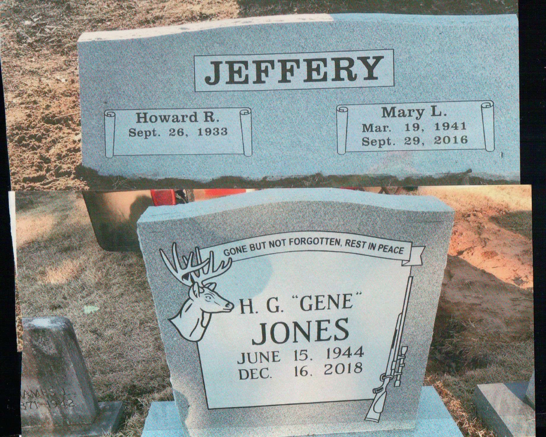 Two headstones: one for Howard R. and Mary L. Jeffery, and one for H.G. 