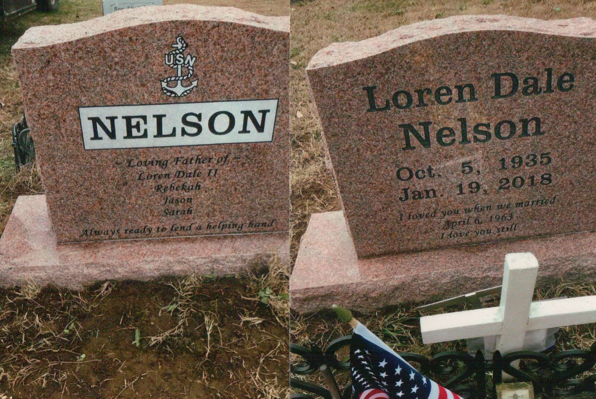 Two rose-colored granite headstones for Loren Dale Nelson (1935–2018), one featuring a Navy emblem and memorial text.