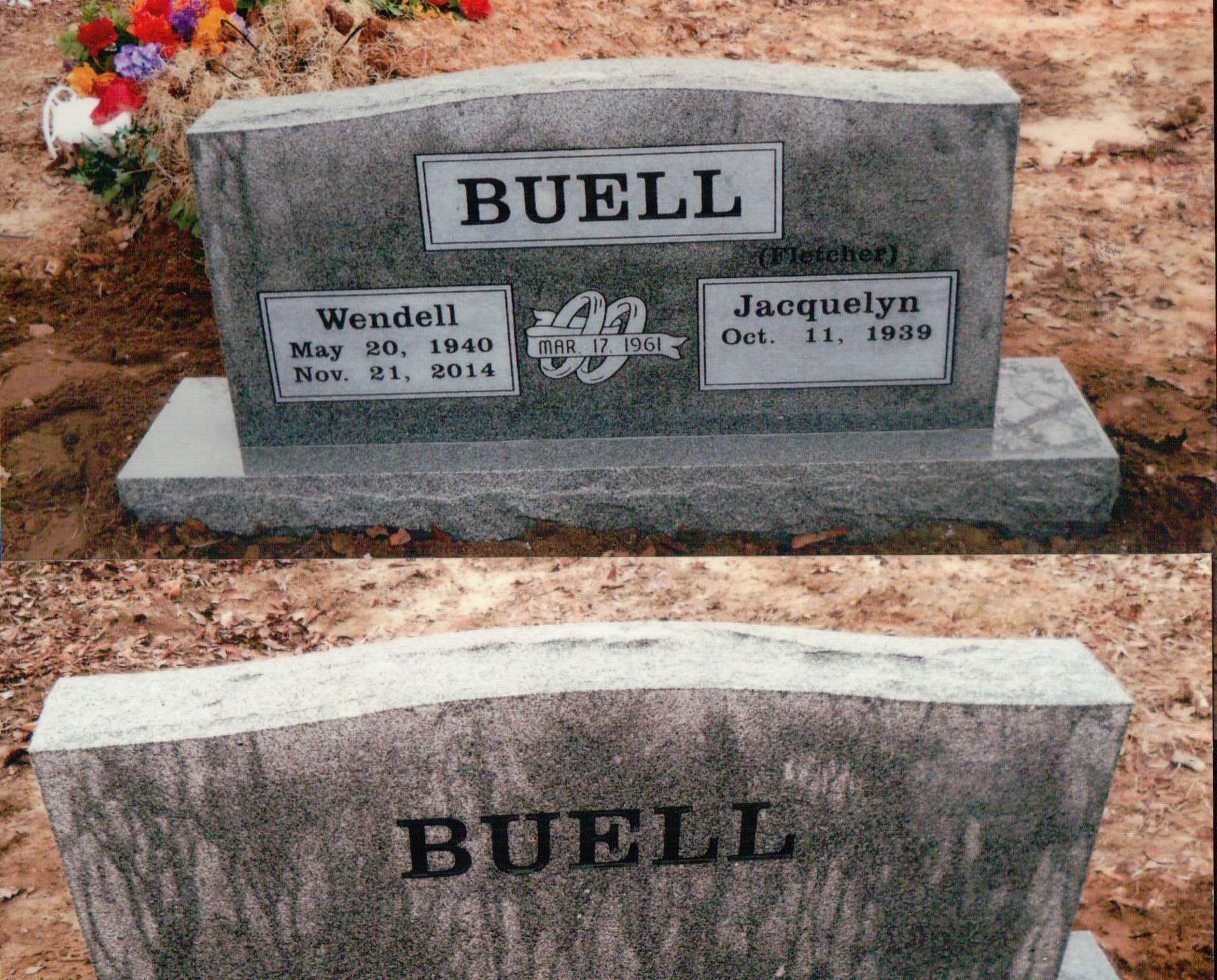 Two views of a grey granite Buell family headstone with names, dates, and wedding rings engraved on it.