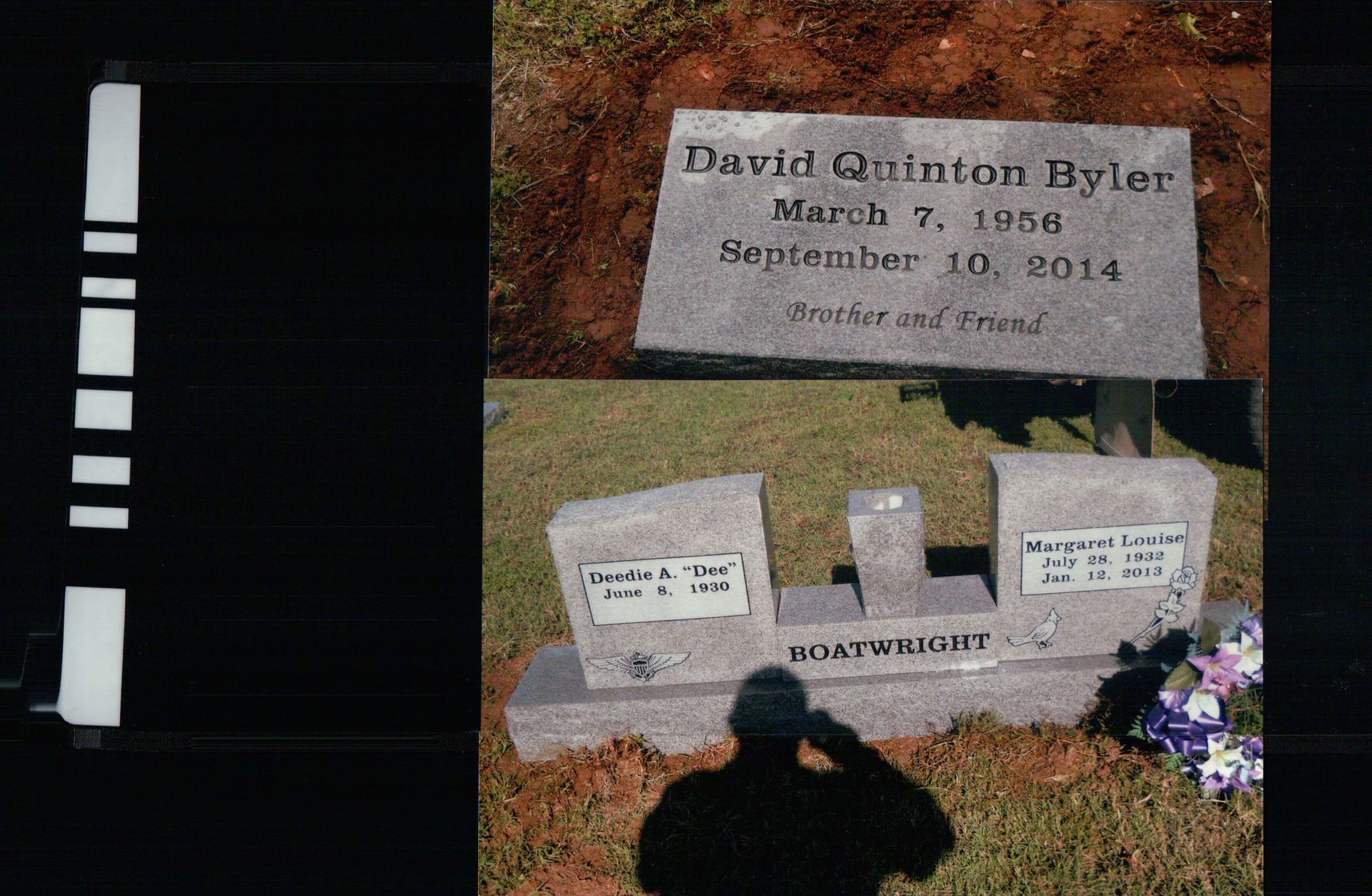 Two gravestones in a cemetery, one labeled David Quinton Byler and the other marked with the surname Byler.