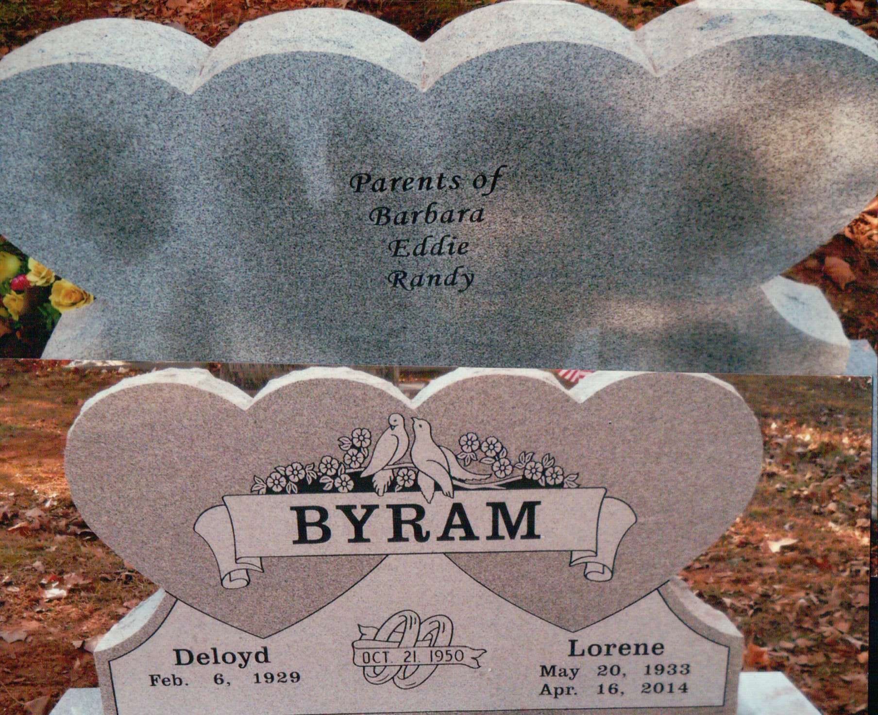 Double heart-shaped granite headstone for Deloyd and Lorene Byram, naming children Barbara, Eddie, and Randy.