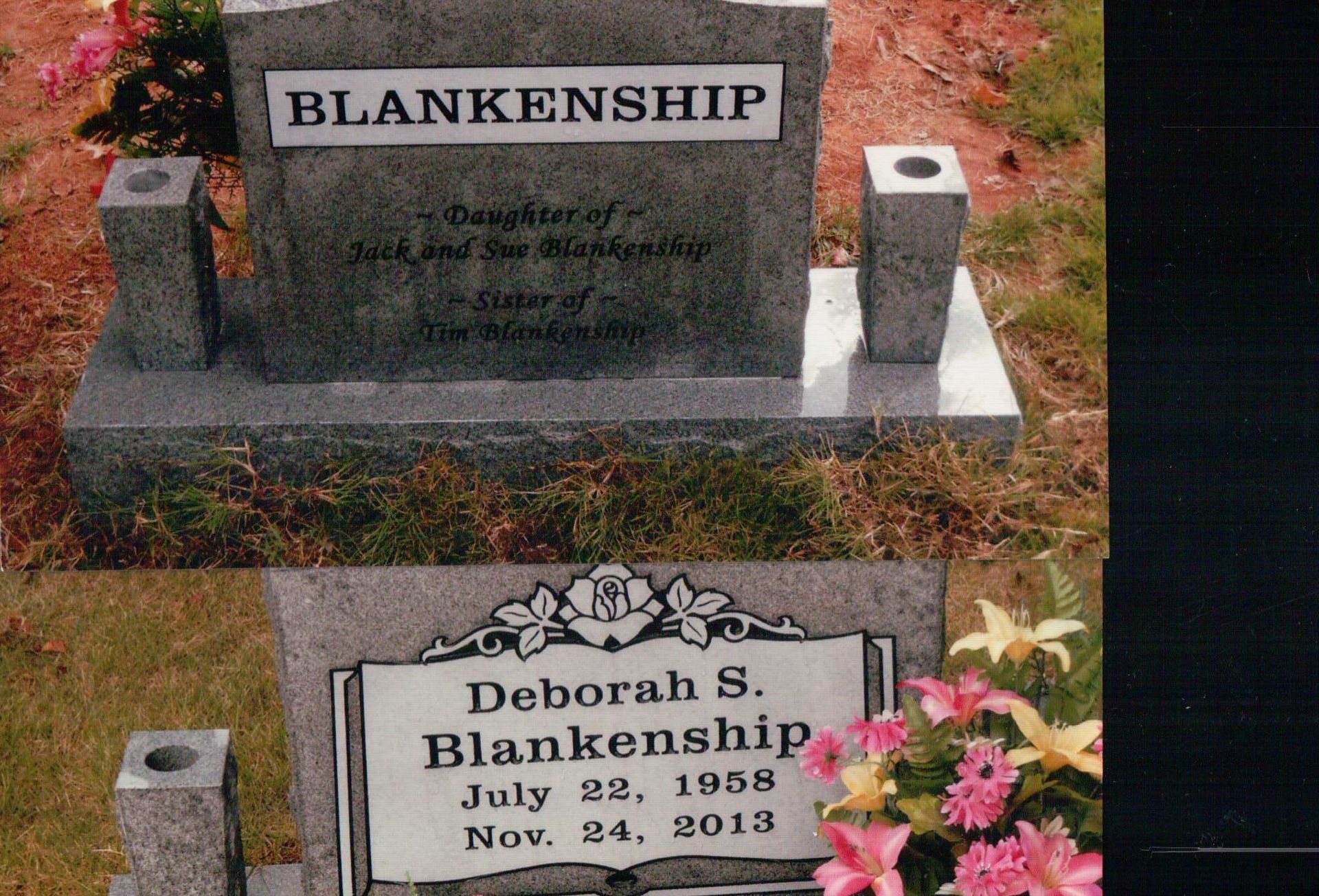 A gravestone for Deborah S. Blankenship, born July 22, 1958, died November 24, 2013, with flowers in a cemetery.