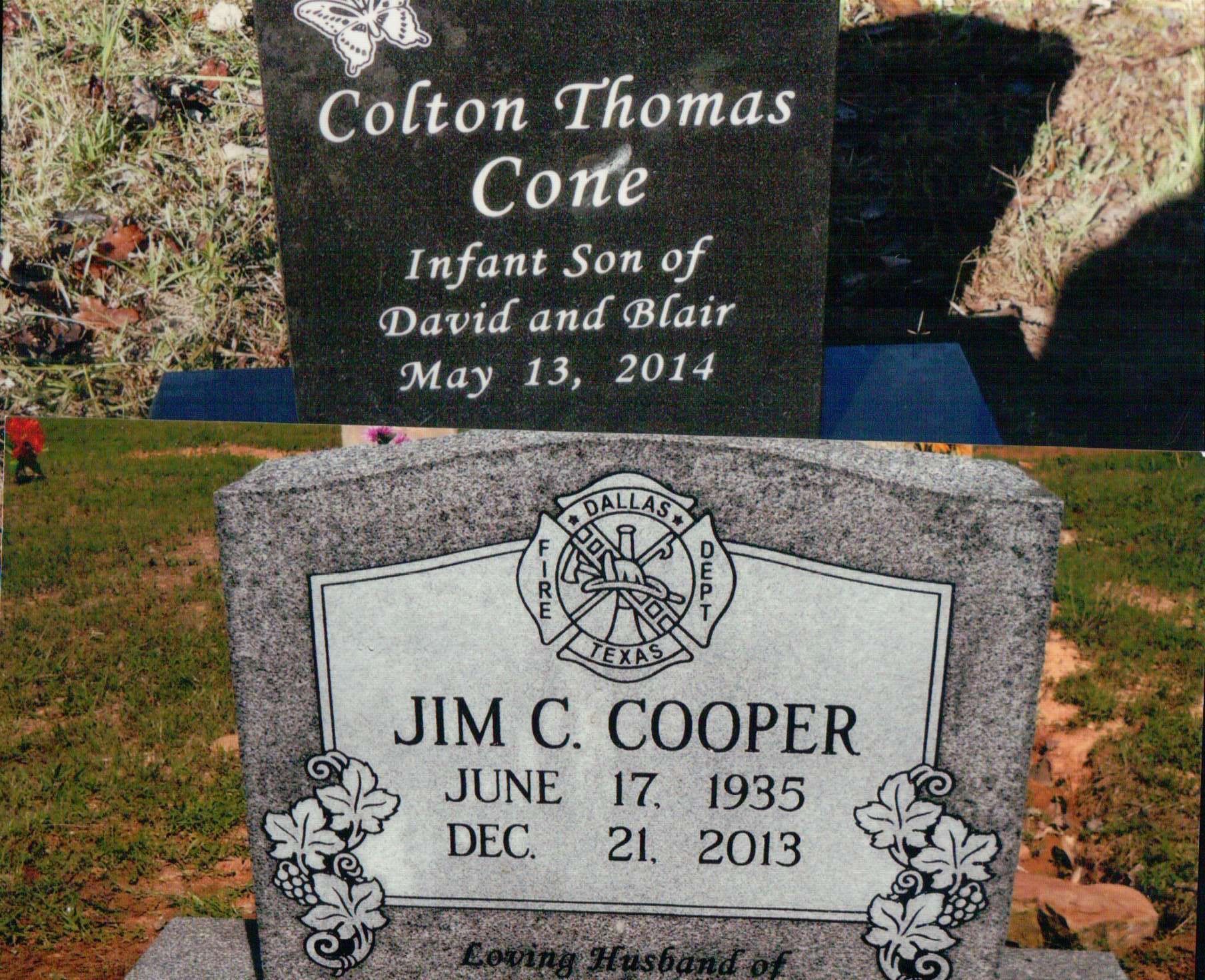 Two gravestones: one black, one granite. The top reads 
