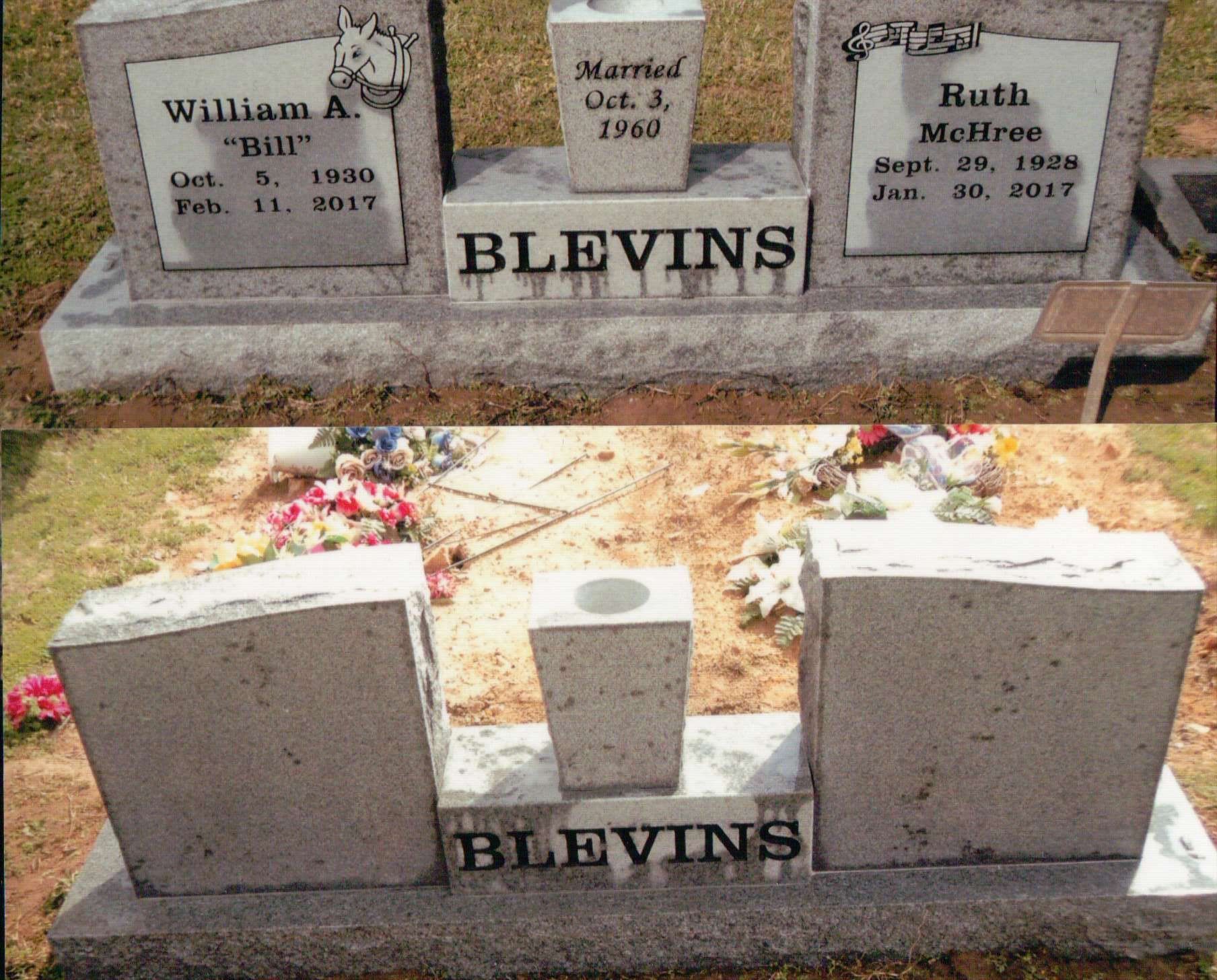 Before and after shots of a granite Blevins gravestone. The bottom image shows the headstones missing from the base.