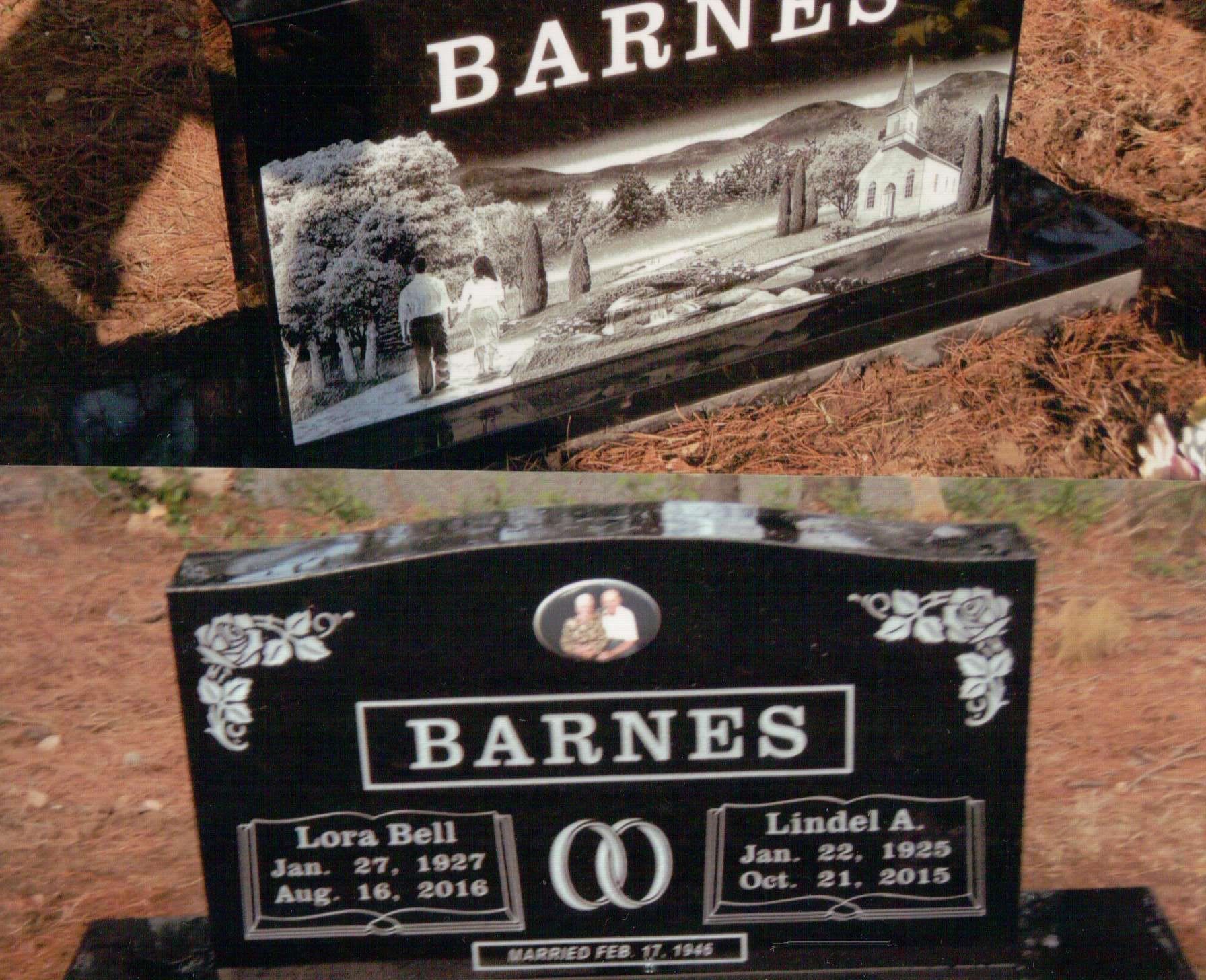 A two-part image showing a black headstone with an engraved church scene and an engraved name and date memorial marker.