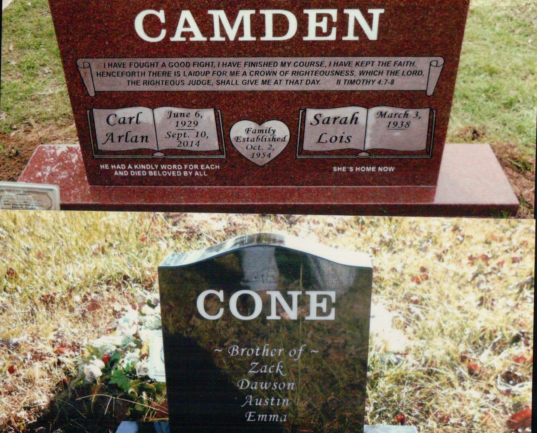 A composite image showing a red granite monument for the Camden family and a black granite headstone for Cone.