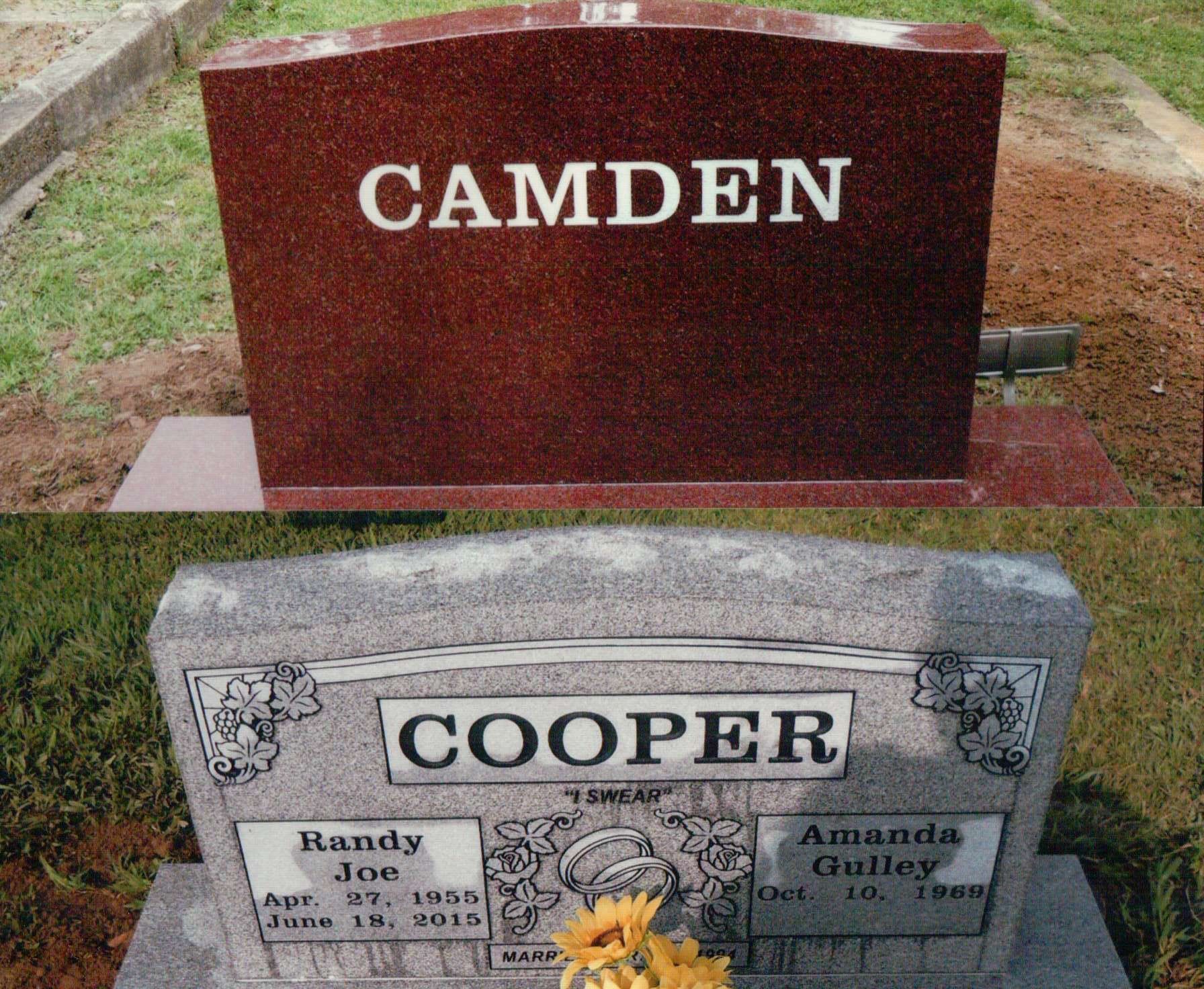 Two gravestones in a grassy cemetery: a red polished stone labeled 