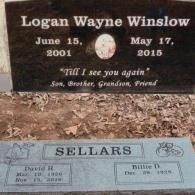 Two gravestones in a cemetery, one for Logan Wayne Winslow and a larger gray marker for the Sellars family.