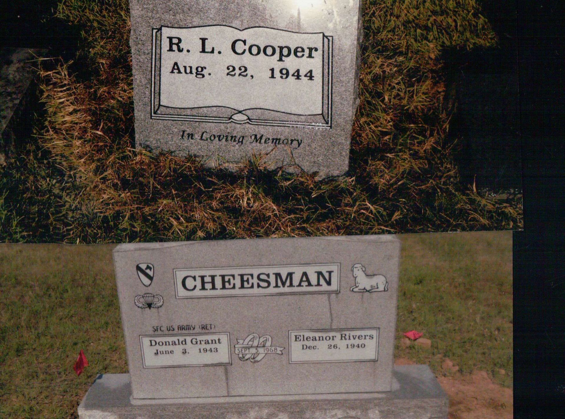 Two gravestones in a grassy cemetery, one for R.L. Cooper (1944) and one for the Cheesman family.