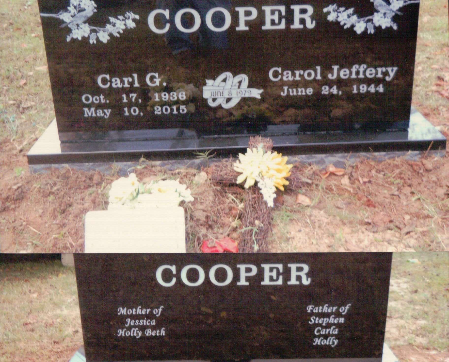 A black granite double headstone for the Cooper family with names, dates, and lists of children engraved in white text.