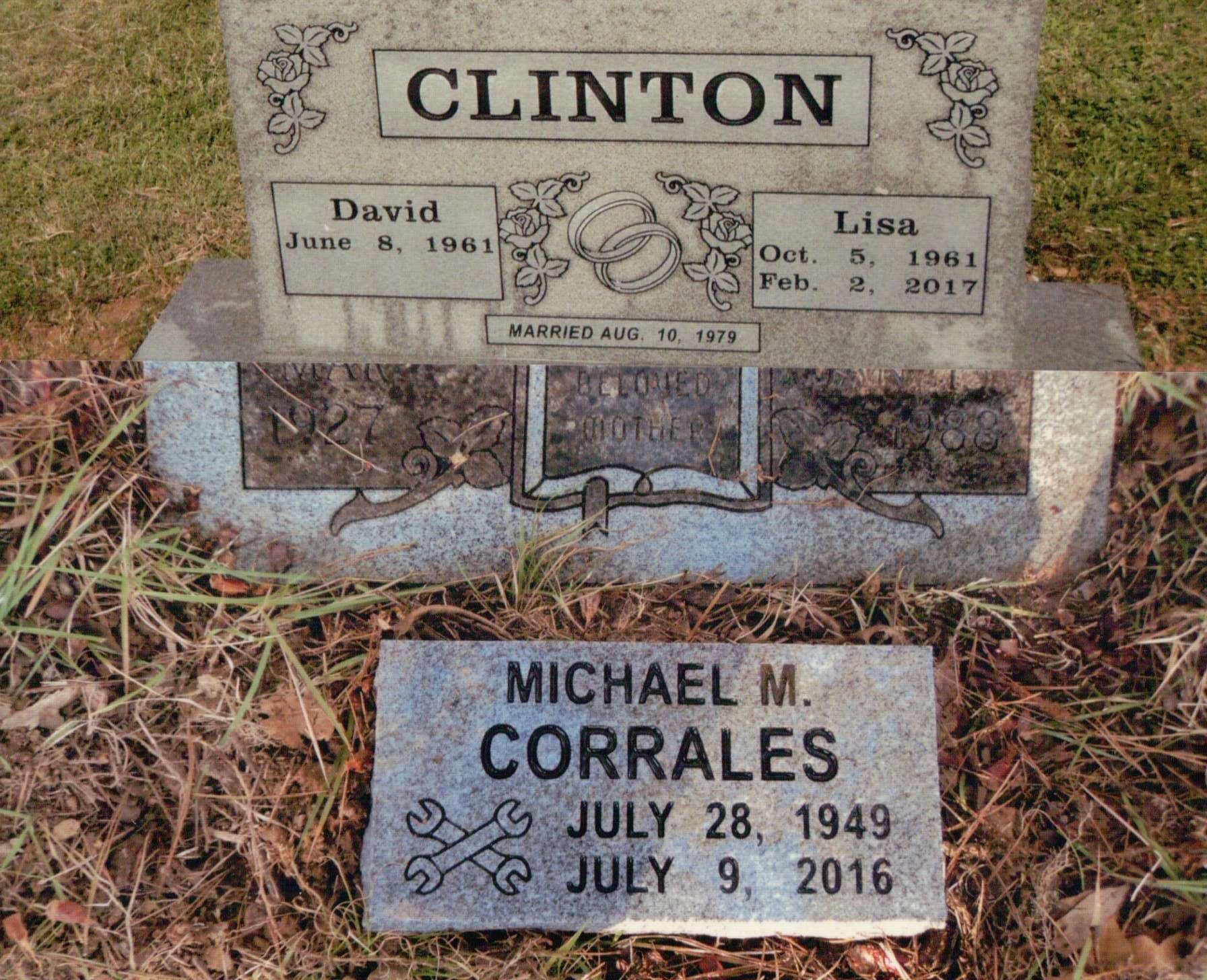 Two gravestones in a grassy field: a larger double monument for the Clintons and a smaller marker for Michael M. Corrales.