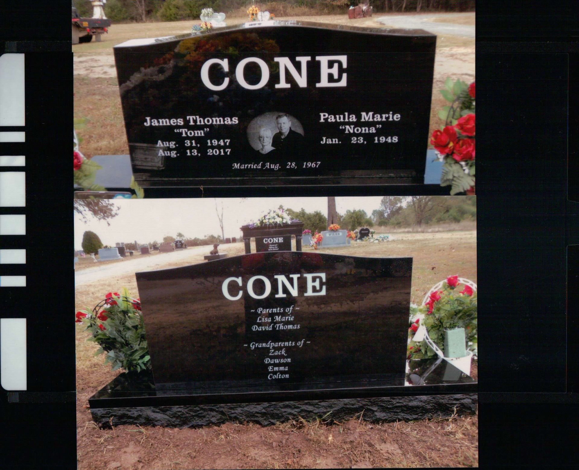 A two-part image showing the front and back of a black granite headstone with the name 