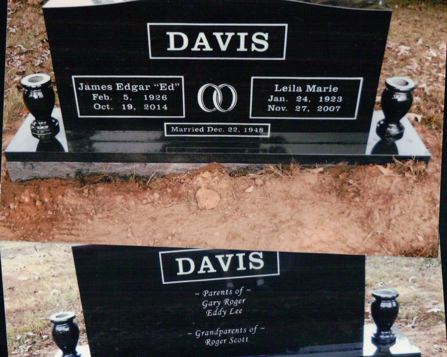 Black granite tombstone for the Davis family, showing name, dates, wedding details, and family relations on front and back.